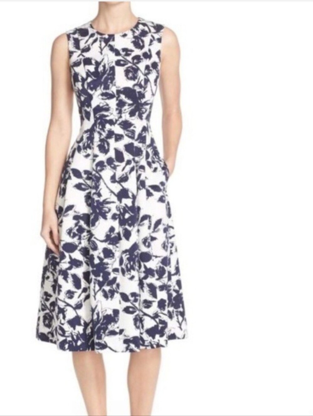 Eliza J White and Navy Floral Midi Dress Sz 12